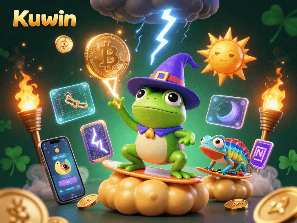 Win big with Kuwin as a weather wizard frog creates a storm of golden coins in a vibrant casino scene.