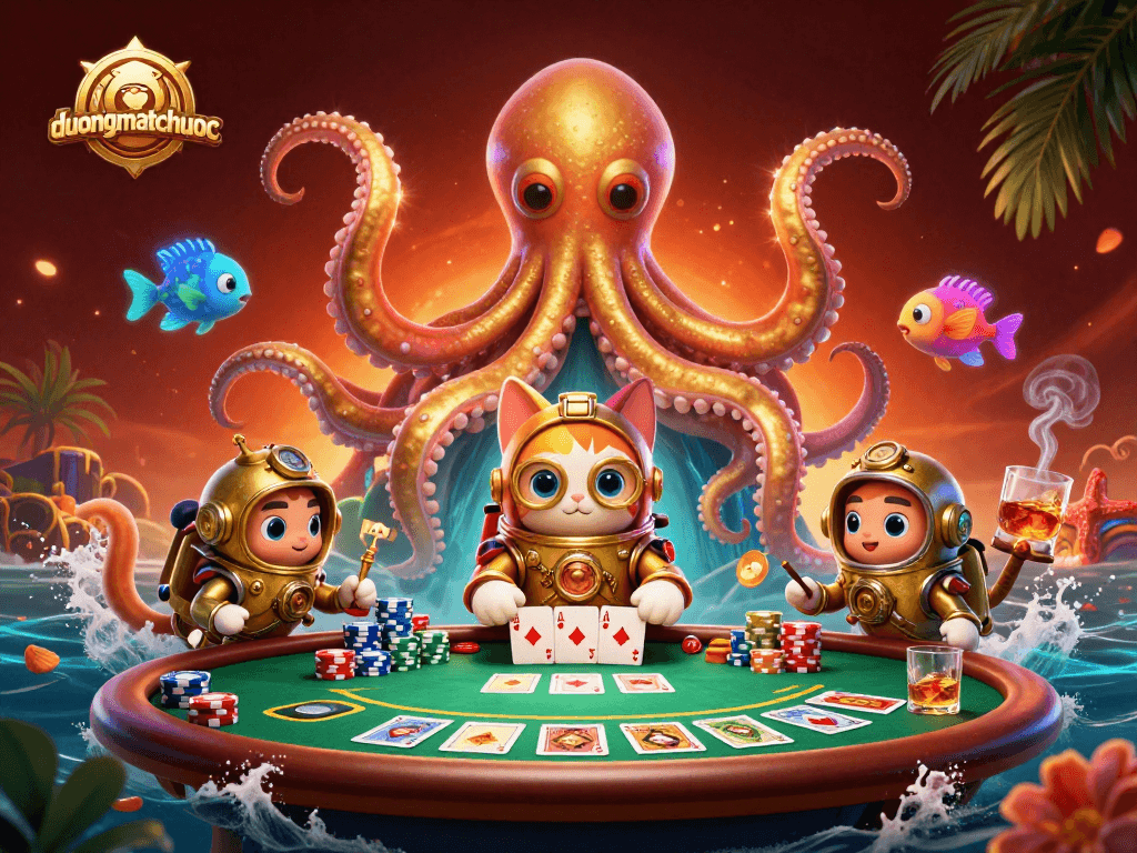 Play duongmatchuoc with colossal kraken and a diving cat amidst vibrant poker elements.