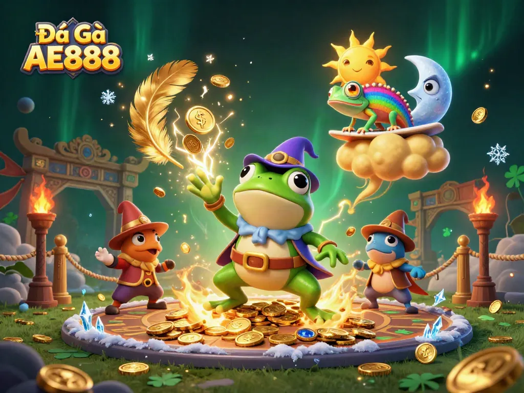 Experience the thrilling action of Đá Gà AE888 with a vibrant 3D illustration featuring dynamic characters and elements.