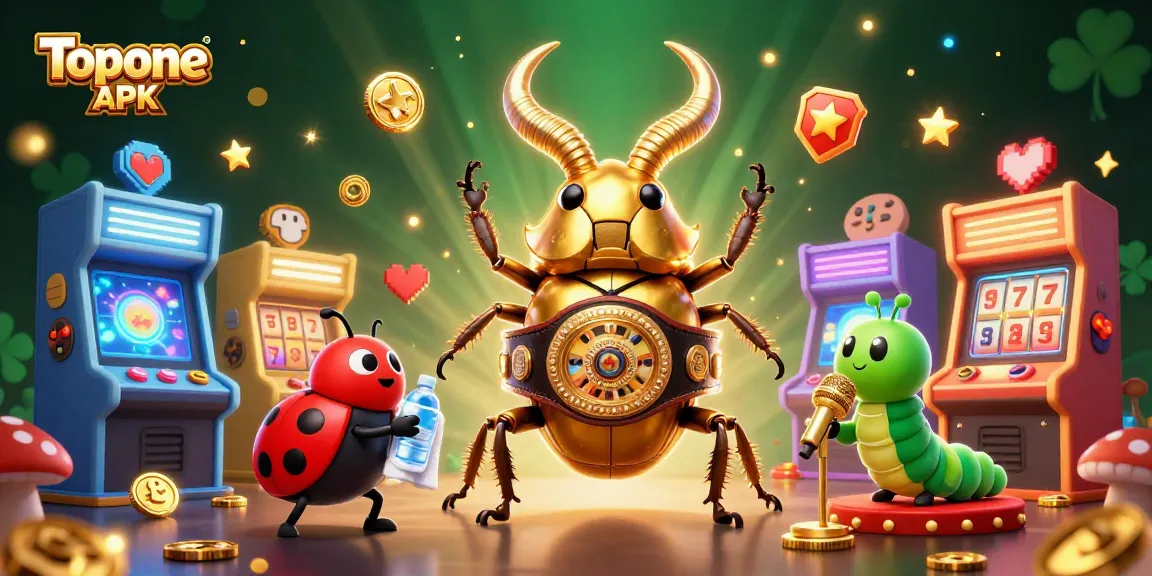 Engage with Topone APK through a dynamic casino-themed battle illustration featuring a glowing stag beetle.