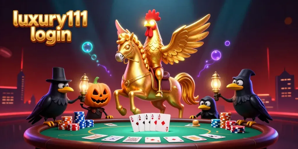 Experience luxury111 login through this captivating casino scene with a golden rooster and poker elements.