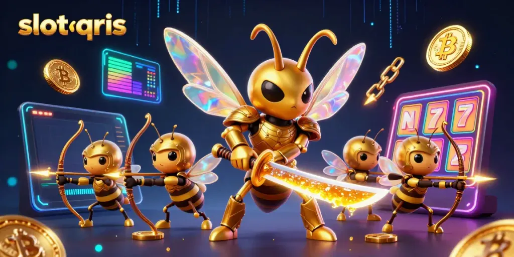Engage with slot qris with immersive visuals of a golden hornet warrior in a casino.