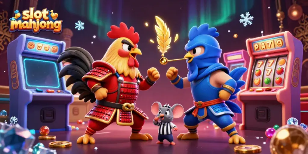 Slot mahjong dalam ilustrasi 3D kartun menampilkan dua ayam bertarung dalam suasana kasino.