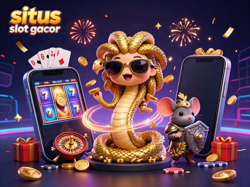 Experience situs slot gacor with a vibrant 3D scene featuring Medusa and a warrior mouse surrounded by casino elements.