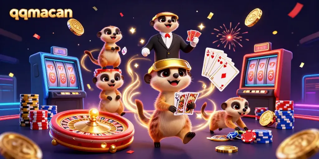 Engage in thrilling gameplay with qqmacan's dynamic casino scene featuring cheerful meerkats.