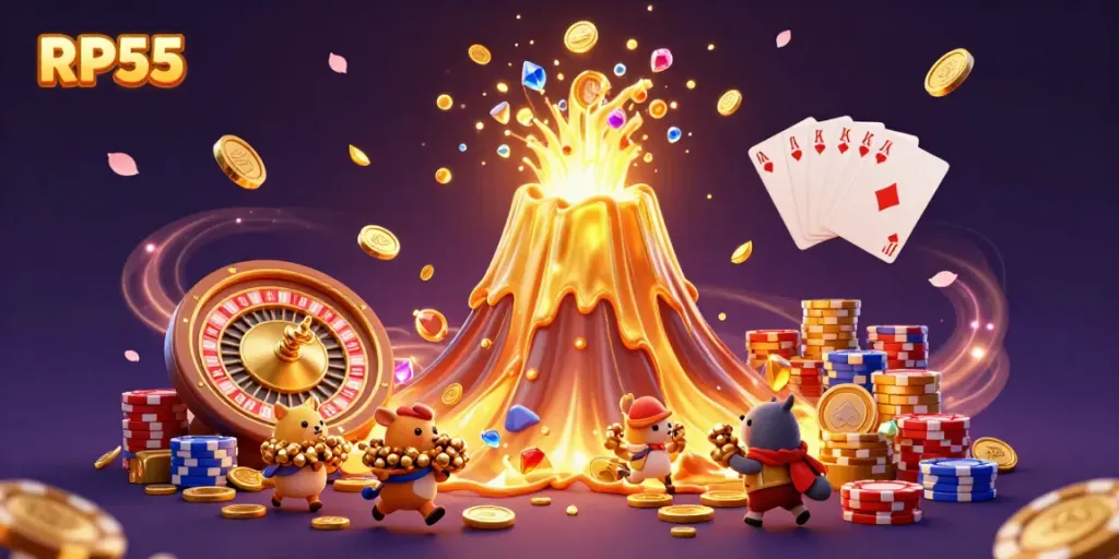 Experience thrilling gameplay with RP55 as a golden volcano erupts coins and gems in this dynamic casino scene.