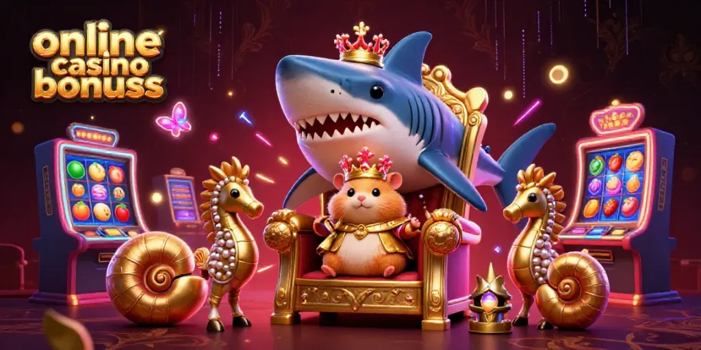 Dynamic casino scene featuring the gold hamster king and slot machines showcasing online casino bonuses.