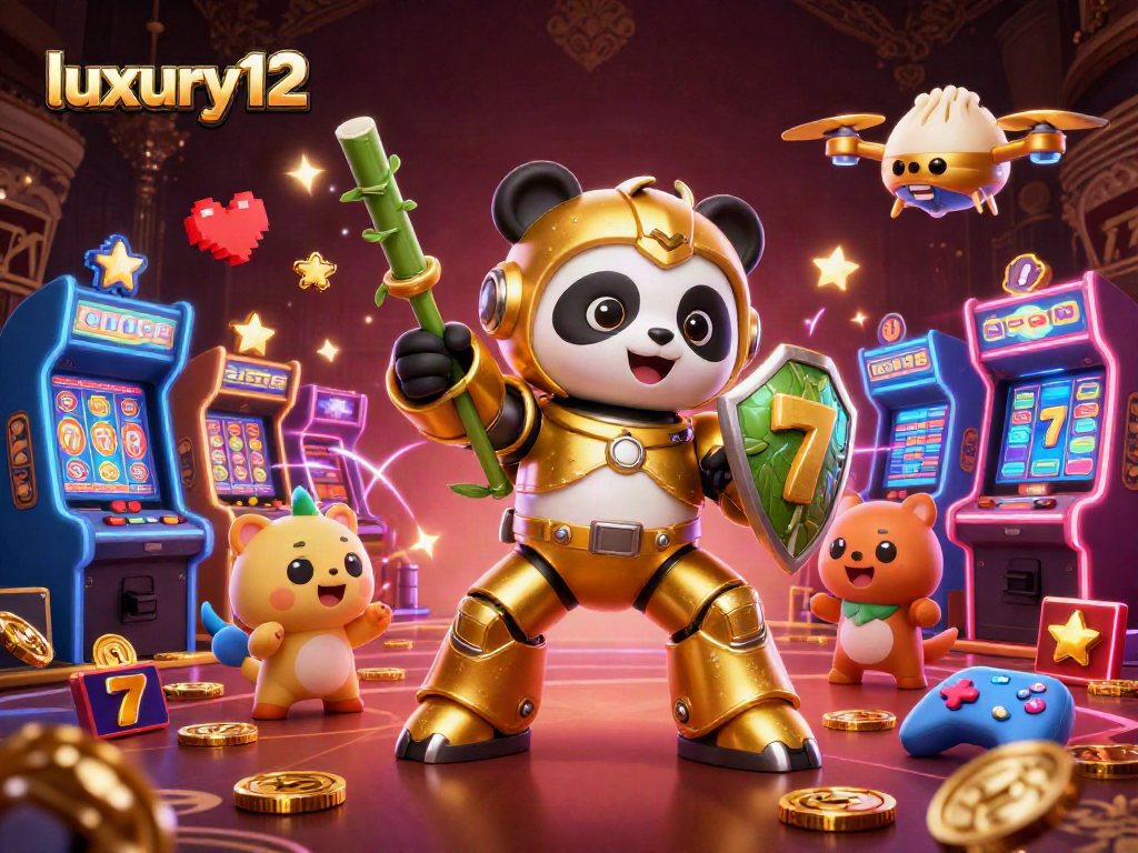 Experience luxury12 at the vibrant casino with a dynamic mech-suit golden panda amidst rich slot reels.