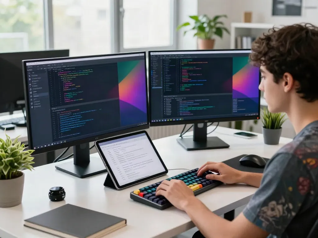 The A80 website programming scene showcasing a developer coding with dual monitors and natural light in a modern office setting.