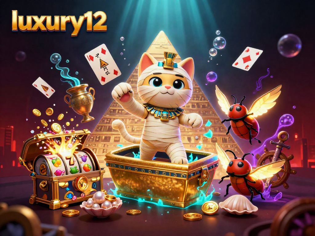Engage with luxury12 in a vibrant 3D scene featuring a mummy cat and slot elements in a pyramid casino.