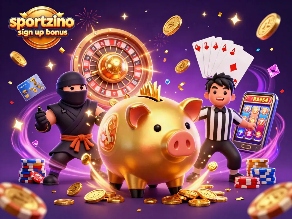 Engage with the sportzino sign up bonus as a golden piggy bank sumo wrestler unleashes coins in a vibrant casino scene.