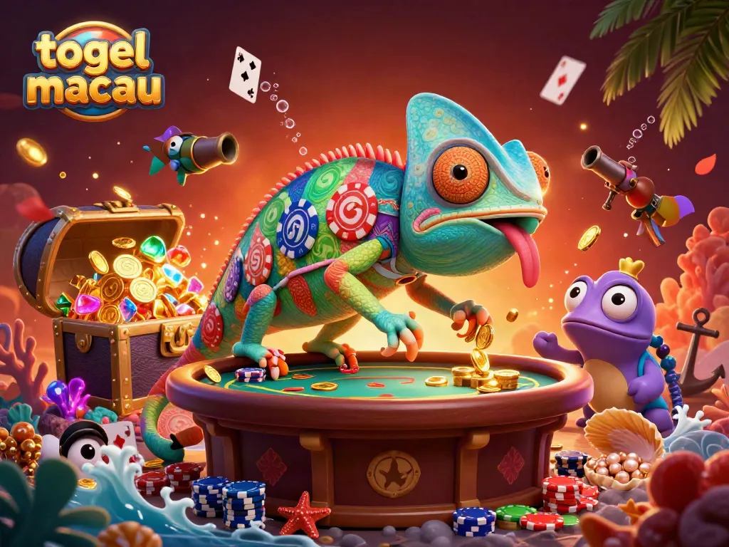 Togel Macau players enjoying live draw with a vivid chameleon casino owner amidst treasure and gems.