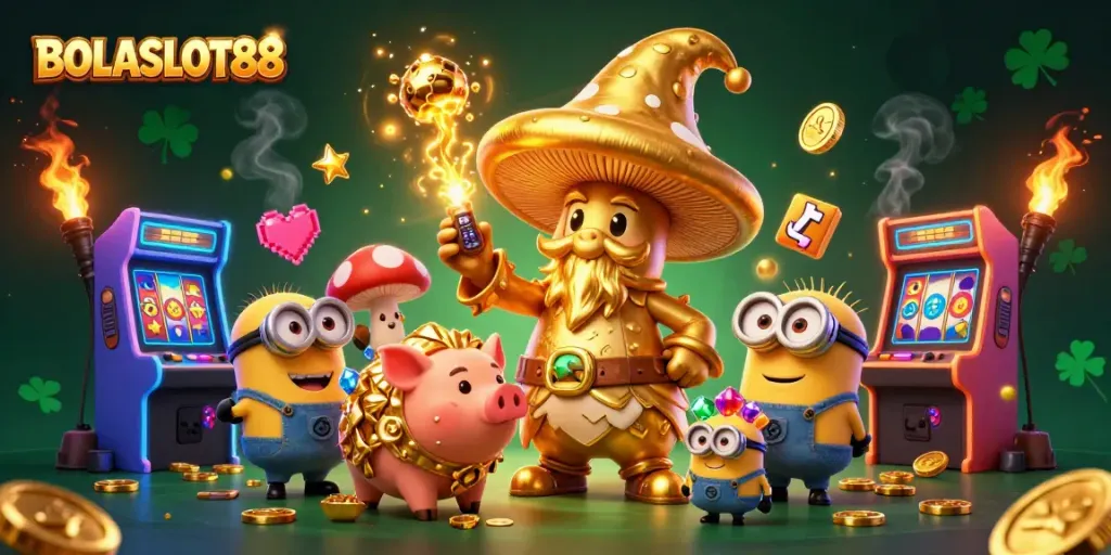 Experience the magic of BOLASLOT88 with a golden mushroom wizard and treasure in a vibrant casino scene.
