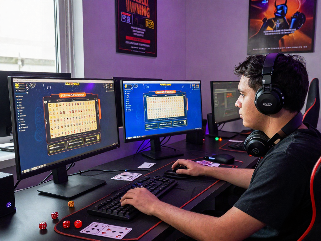 A player engaged in situs togel gaming at a modern desk, surrounded by screens and gaming equipment.