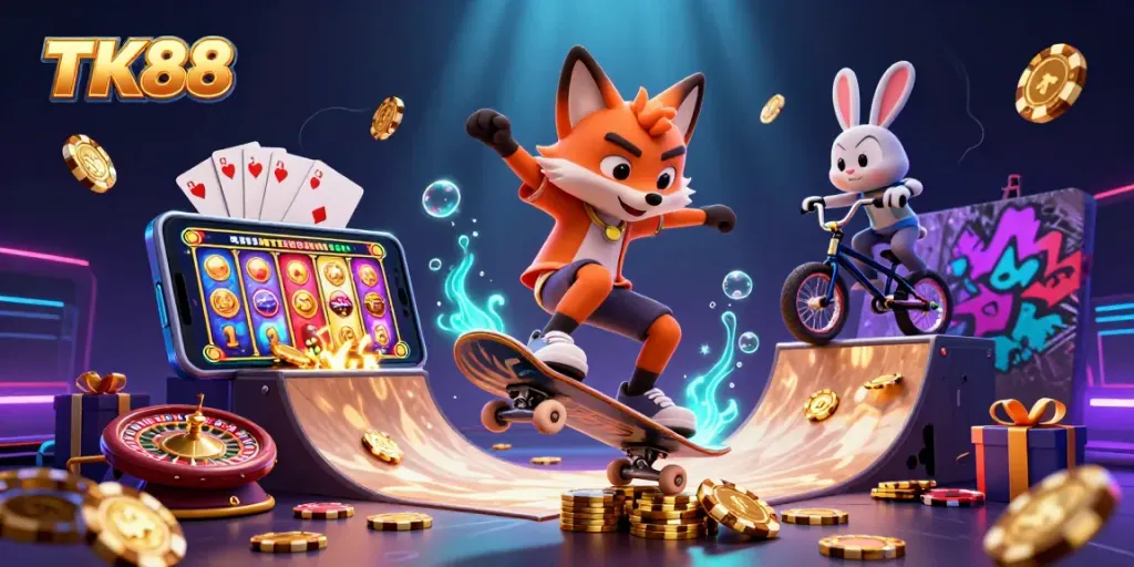 Experience thrilling gaming adventure with TK88 featuring a skateboarder fox and BMX-riding rabbit in a vibrant casino scene.