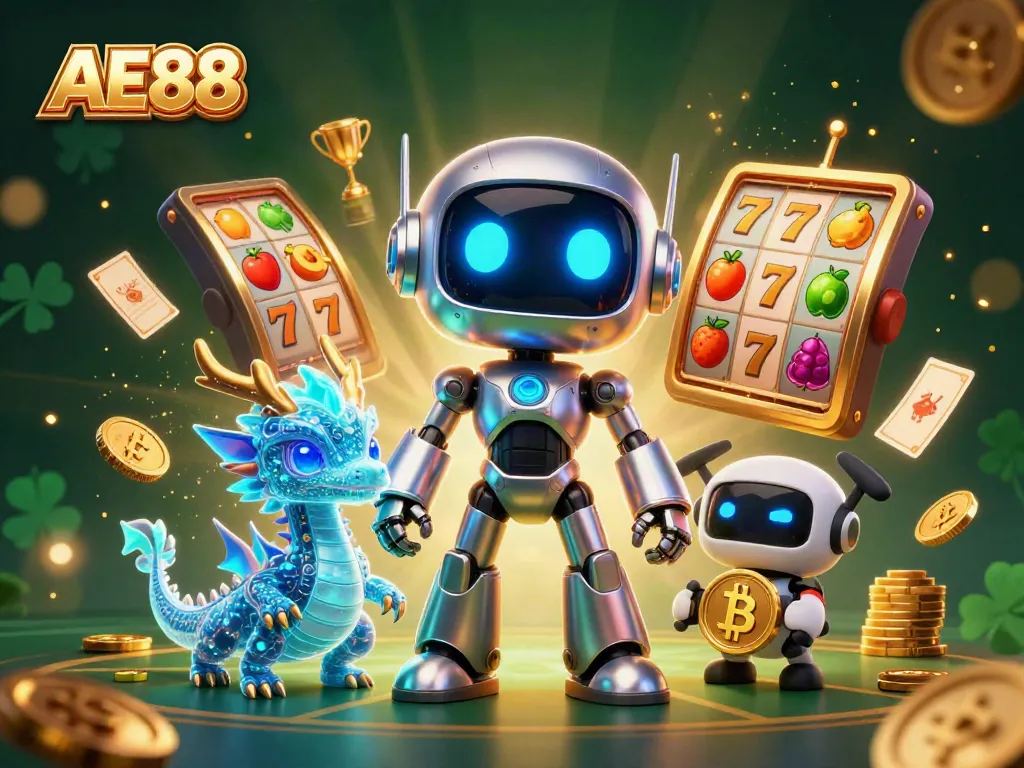 Experience AE88 action in a vibrant 3D casino scene with robots, slot reels, and golden trophies.