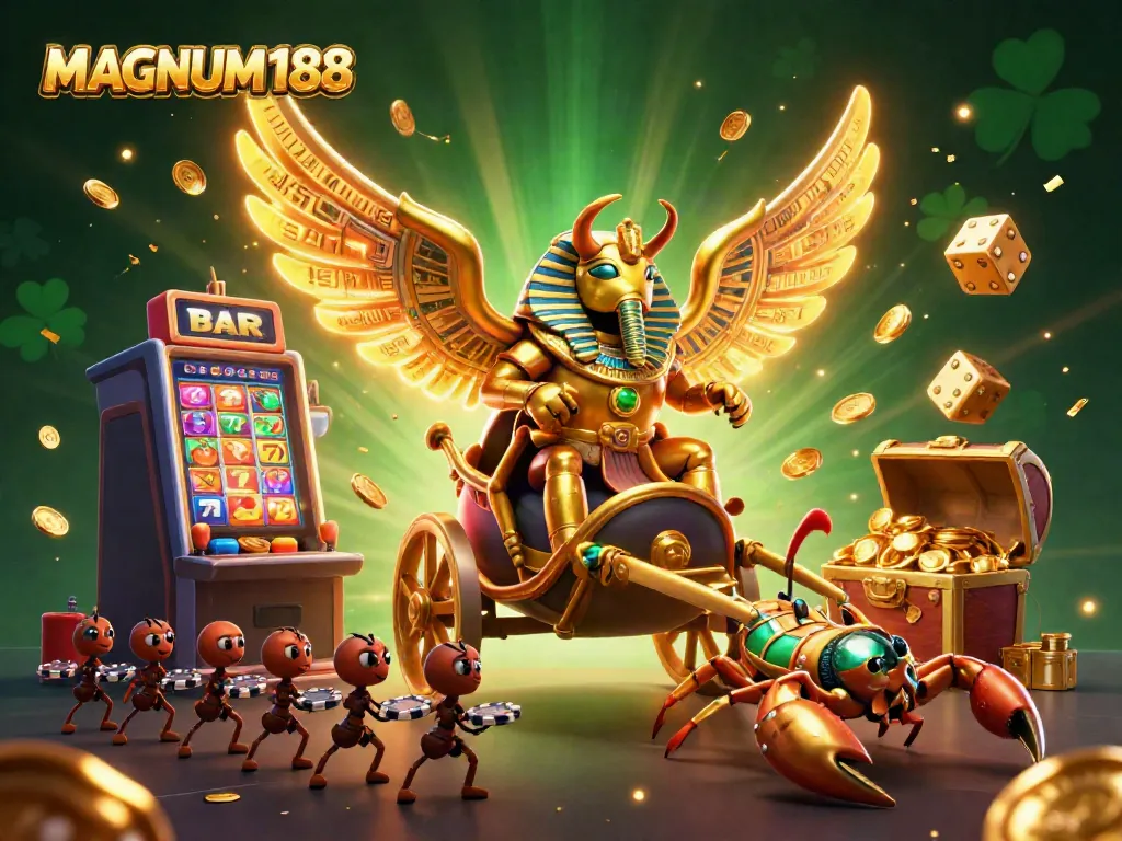 Engage with MAGNUM188 through this vibrant casino illustration featuring a golden scarab beetle and a jackpot explosion.