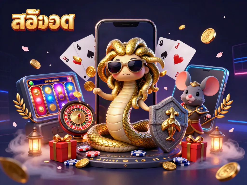 Play exciting สล็อต slots with Medusa and a warrior mouse in a thrilling casino scene.