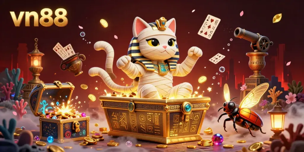 Experience thrilling gameplay with vn88 featuring a cartoon Egyptian mummy cat bursting from a sarcophagus in a vibrant casino scene.