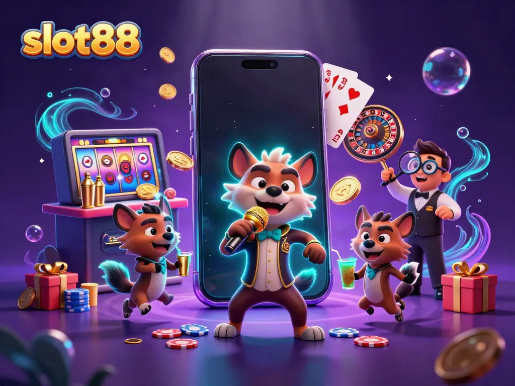 Experience the excitement of slot88 with lively hyena casino characters in a vibrant, energetic scene.