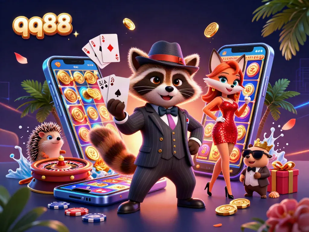 Experience the excitement of qq88 slots with a dynamic 3D casino scene featuring colorful games and vibrant characters.