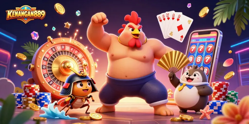 Experience KENANGAN889 with our dynamic casino illustration featuring vibrant characters and exciting gameplay elements.