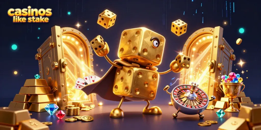 Engage with exciting gameplay at casinos like stake featuring dynamic golden dice and vibrant jewels.