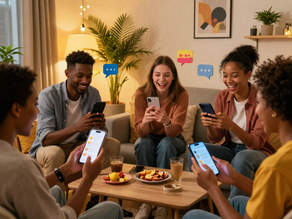 Engaging spicy chat moments among friends through smartphones in a cozy digital environment.