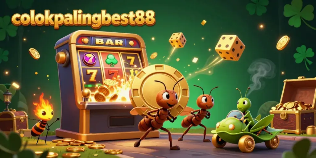 Experience the thrilling heist of the ants with colokpalingbest88 in this vibrant casino-themed illustration.