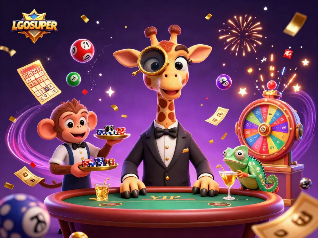 Engage with LGOSUPER's vibrant lottery action featuring a high-roller giraffe at a casino.