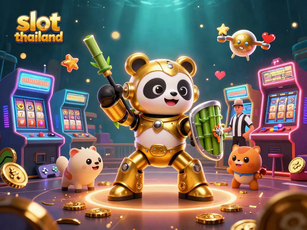 Engage in thrilling gameplay with slot thailand, featuring a mech-suit panda in a vibrant gaming arena.