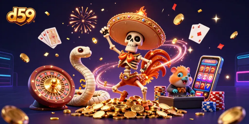 Engage with d59 through an animated scene featuring a victorious mariachi rooster and gold-filled casino vibes.