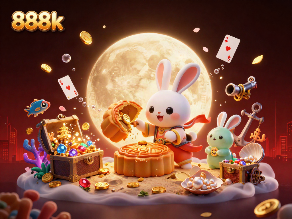 Engage with the vibrant 888k gaming scene featuring a folklore-style moon rabbit and casino elements.
