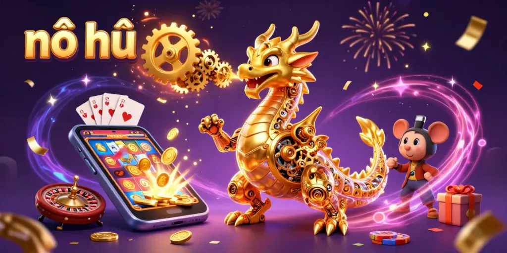 Nổ hũ gameplay featuring a golden dragon, slot game visuals, and casino elements capturing the excitement of winning.