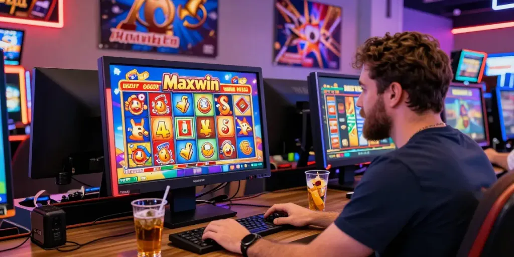 Player celebrating a big win on a slot maxwin game in a vibrant online casino setting.