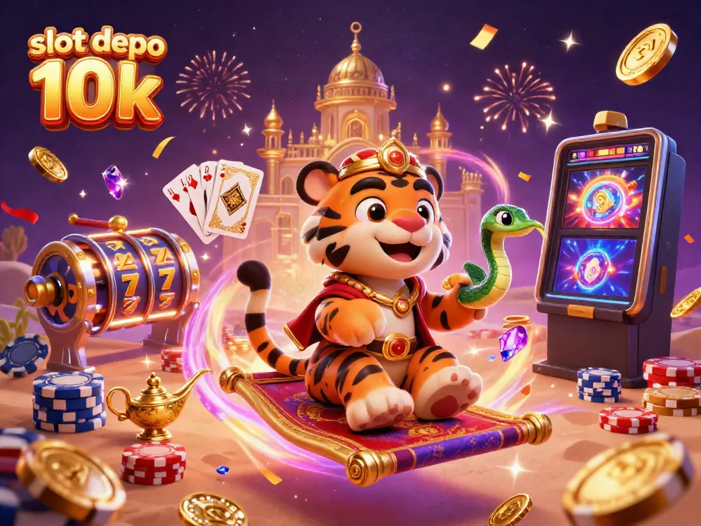 Engage in thrilling slots with the slot depo 10k, illustrated by a magical genie spectacle.