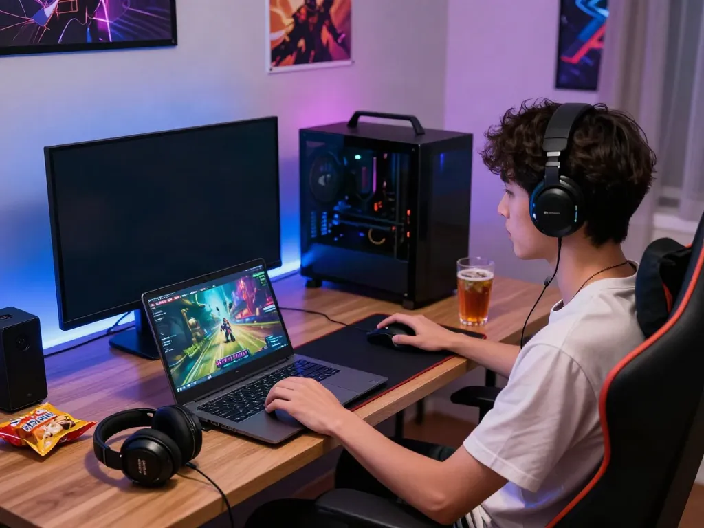 Engaged gamer using AHHA4D platform on laptop and smartphone in a cozy gaming setup