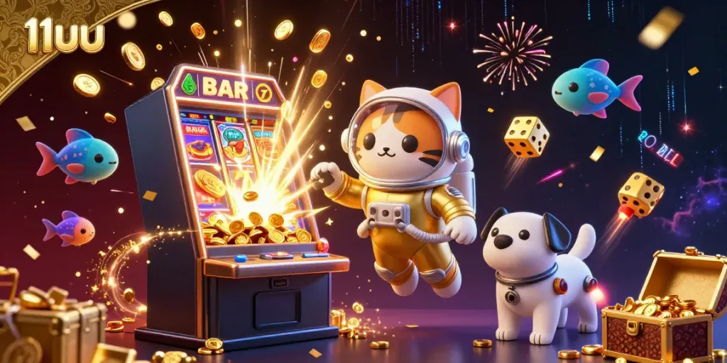 Experience the excitement of 11uu with a playful astronaut cat and a robot dog in a golden space theme, surrounded by vibrant casino elements.