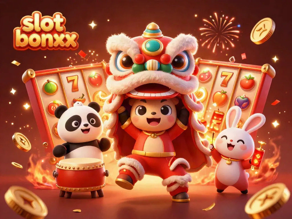 Experience the excitement of slot bonuses with vibrant lion dance characters amidst jackpot reels and festive decorations.