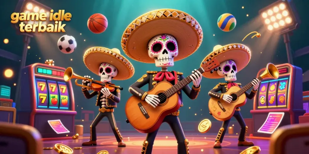 Gambarkan game idle terbaik dengan skeleton mariachi di kasino, dikelilingi elemen slot dan koin emas.