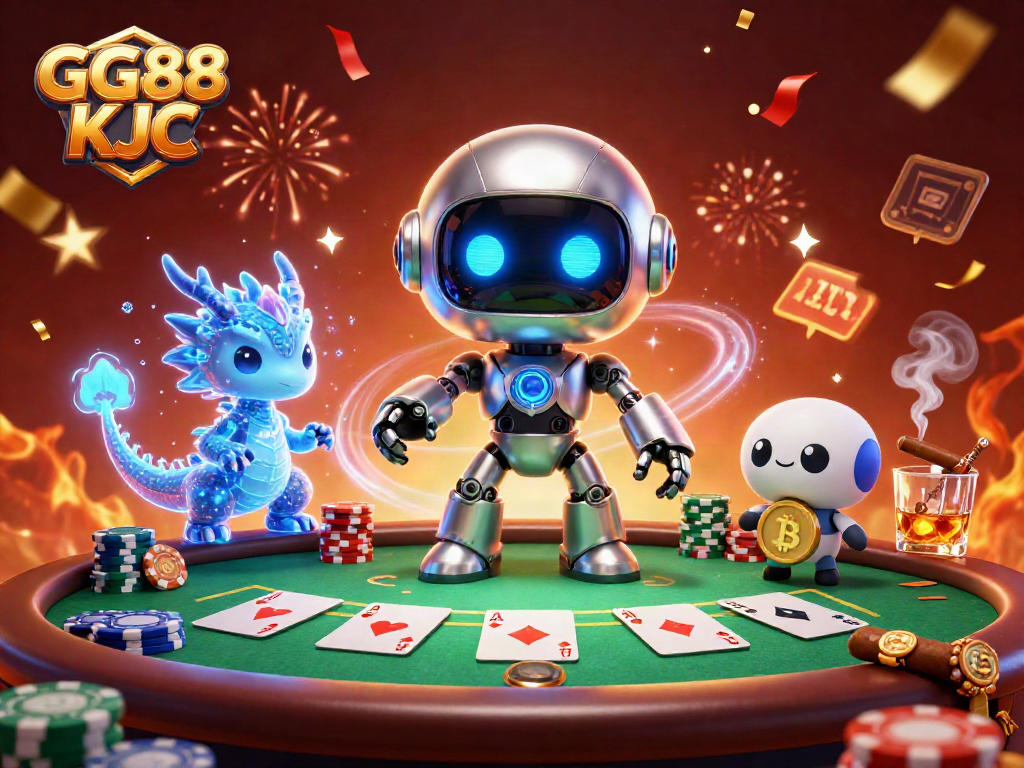 Engage with GG88 KJC's thrilling poker scene featuring vibrant characters and festive elements.