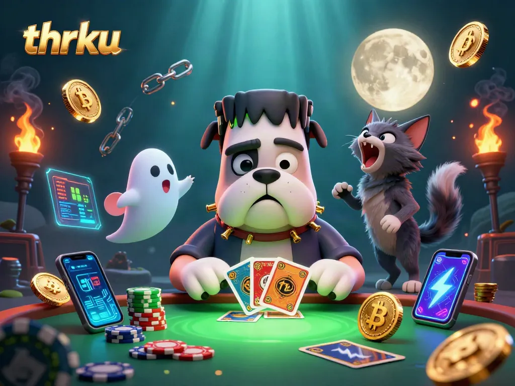 thrku casino action featuring a 3D cartoon monster dealing cards amidst gold coins and crypto elements