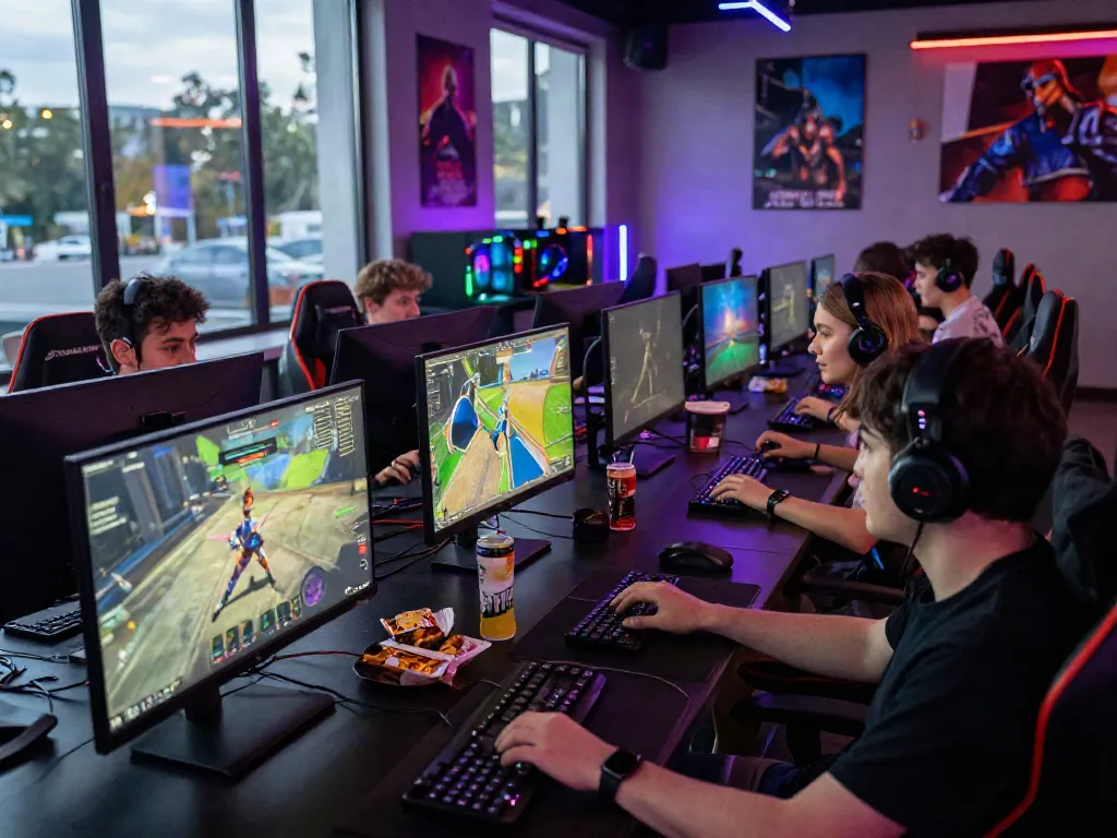 Players immersed in thrilling QQMacan gaming experience in a lively cyber cafe.