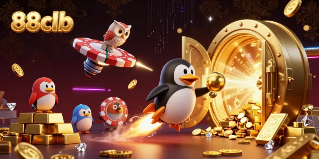 Experience explosive wins with the 88clb penguin racing towards the casino, adorned with treasures and vibrant energy.