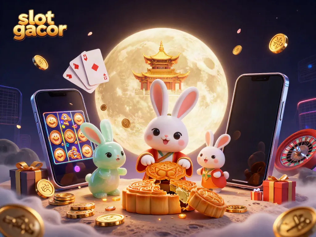 Experience the thrill of slot gacor with a vibrant 3D scene featuring a moon rabbit revealing poker chips.