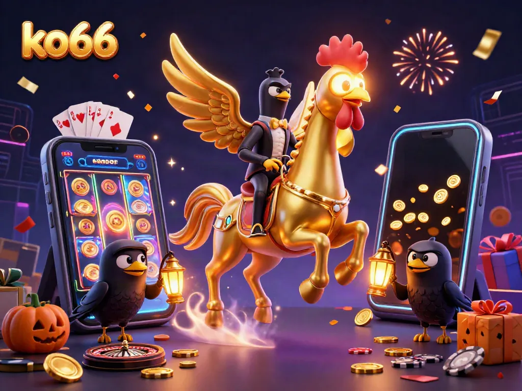 Play exciting slot games with ko66's golden rooster and vibrant casino elements.