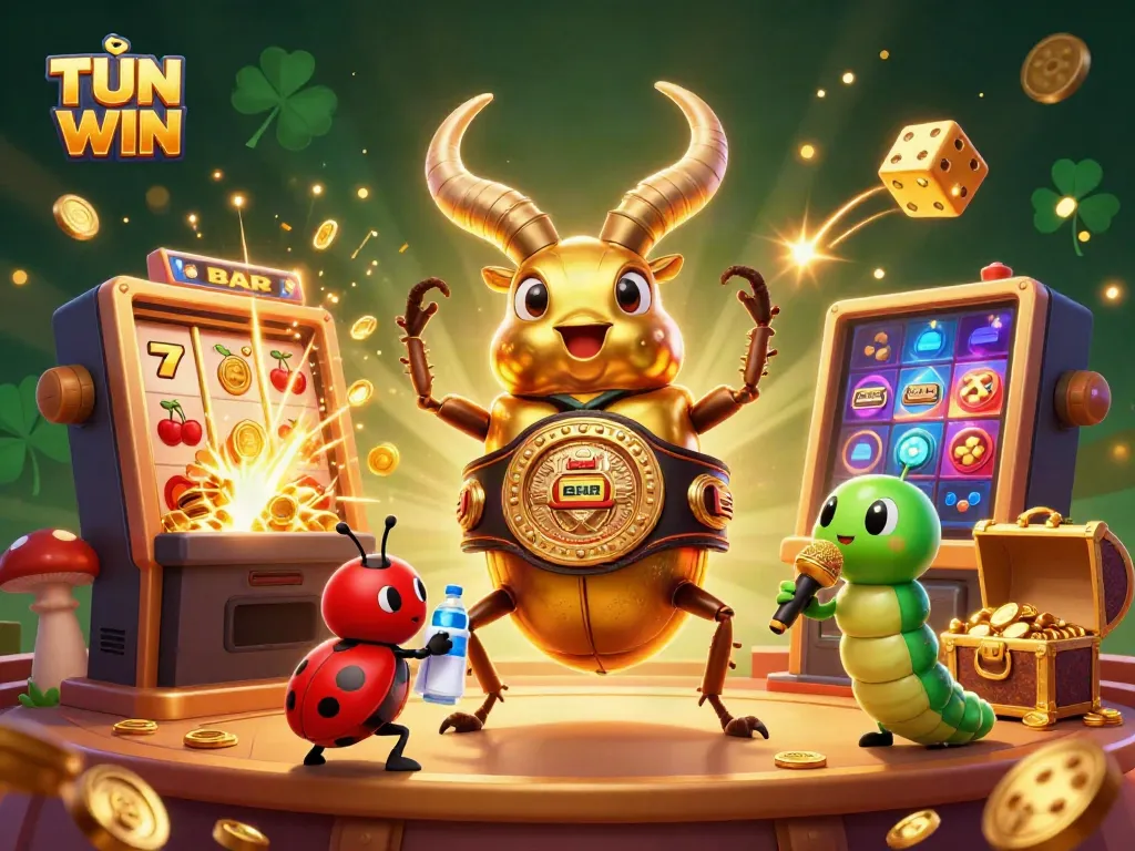 TẢI SUN WIN with dynamic casino elements, featuring a giant stag beetle and characters amid a jackpot explosion.
