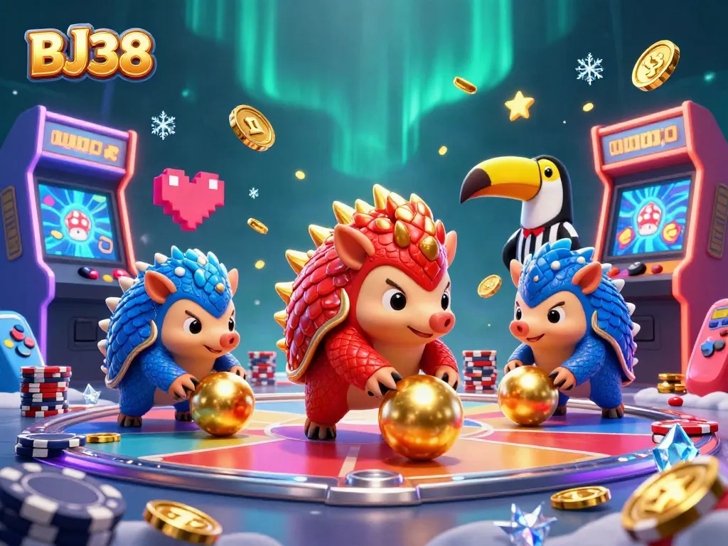 Engage in thrilling BJ38 casino adventures with rival pangolins bowling through golden poker chips.