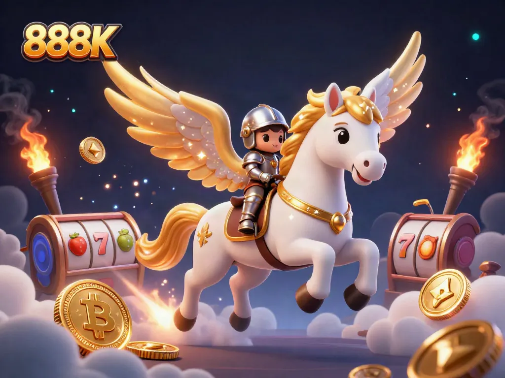 Experience winning thrills with 888K as a knight rides a celestial horse surrounded by vibrant slot elements.