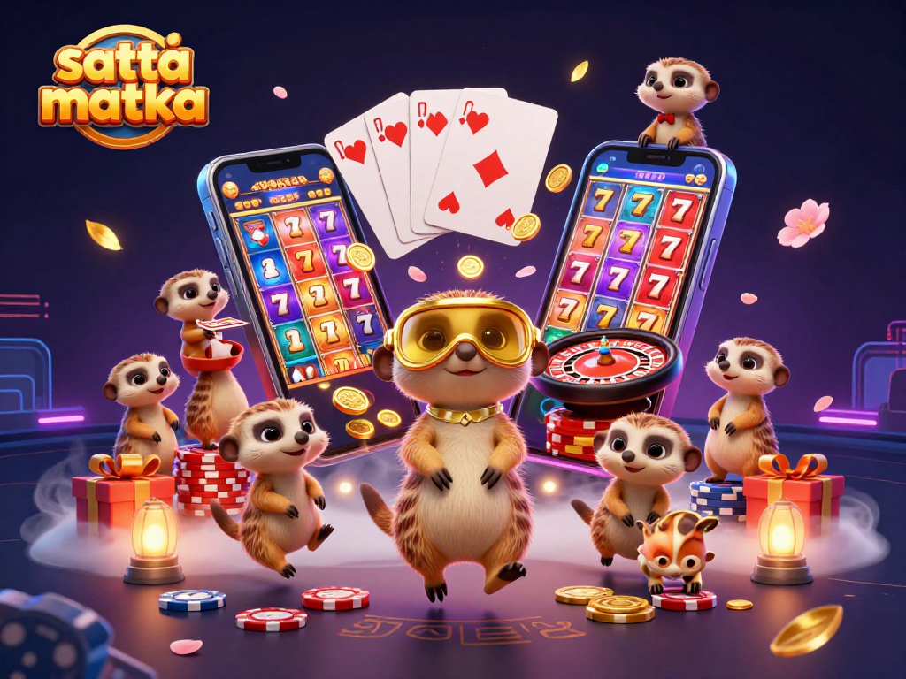 Satta mataka meerkats managing a casino operation with vibrant slot games and dynamic atmosphere